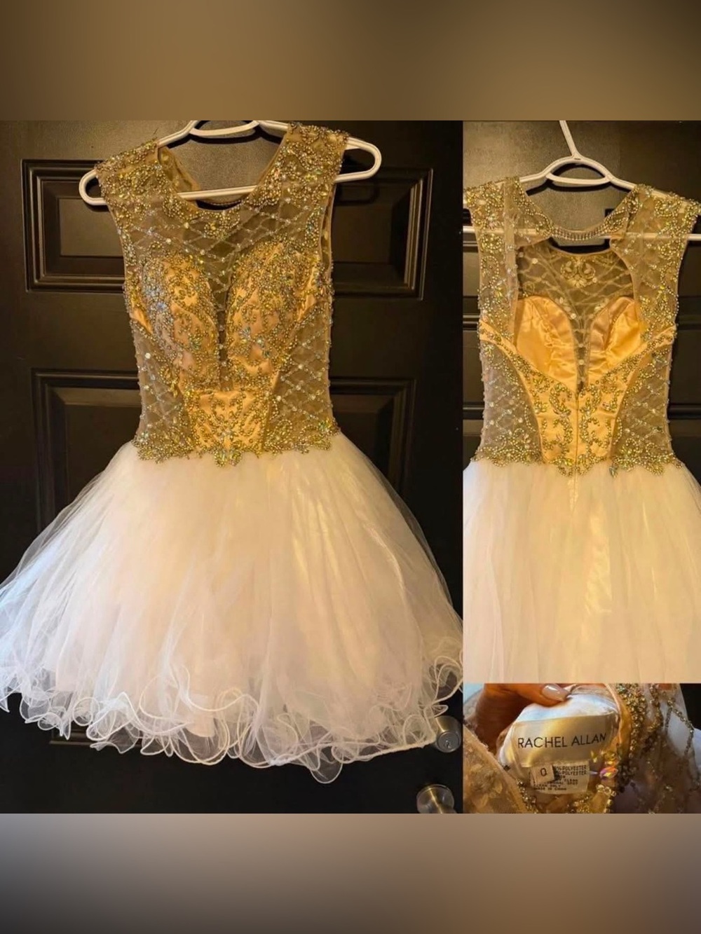 Rachel Allan Gold and White Embellished Tulle Cocktail homecoming formal Dress